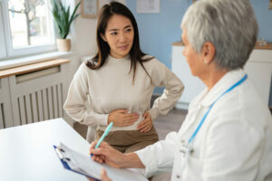 An elderly female gastroenterologist is listening to her female patient discuss her digestive health issues.